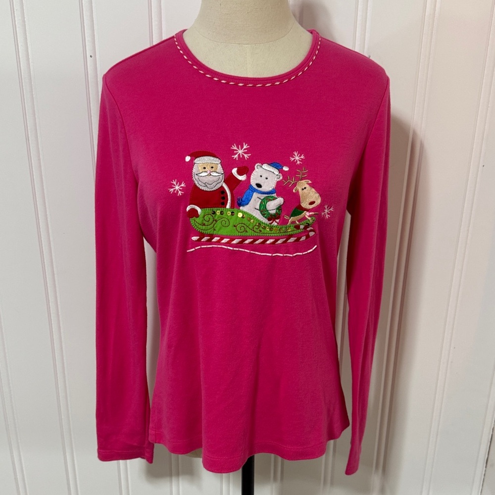 Mountain Lake Pink Christmas Long Sleeve Tee size S